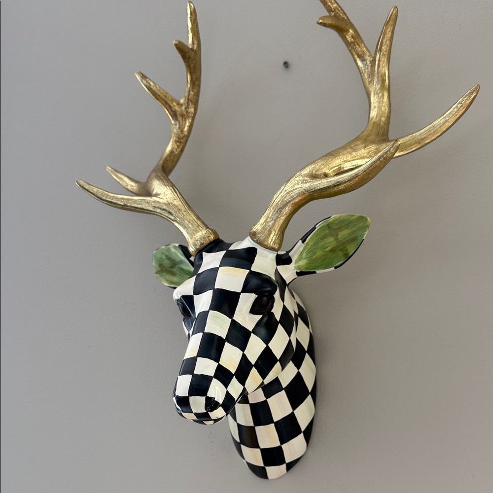 MacKenzie-Childs Courtly Check Deer Head with Gold Antlers Wall Decor